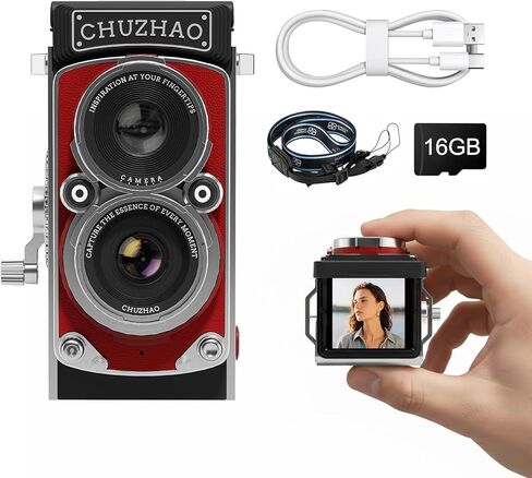 CHUZHAO Digital Camera Retro with Time Stamp - Portable Vintage TLR Style 1080p FHD Video 12MP Photos Autofocus Mini Vlogging Camera with 16GB Card for Beginners Teens Adults, Black in Saudi Arabia
