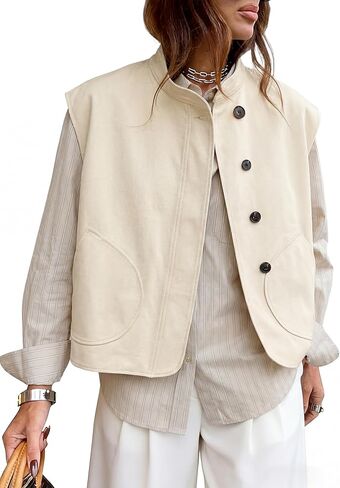 Watashi Women Vest Casual Button Up Stand Collar Lightweight Cargo Waistcoat Sleeveless Blazer Jacket Fall Cardigan Tops in Saudi Arabia