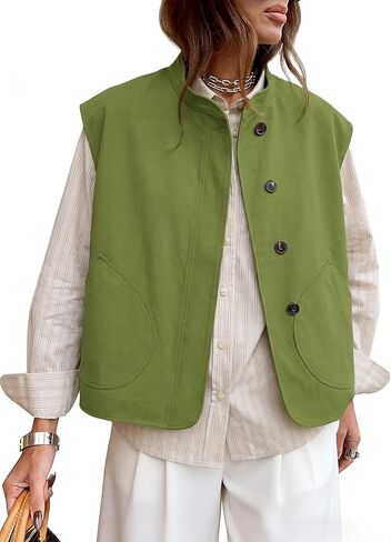 Watashi Women Vest Casual Button Up Stand Collar Lightweight Cargo Waistcoat Sleeveless Blazer Jacket Fall Cardigan Tops in Saudi Arabia
