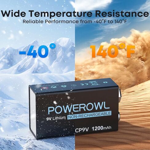 بطاريات ليثيوم POWEROWL 9V، بطارية 1200 مللي أمبير غير قابلة لإعادة الشحن 9 فولت لأجهزة إنذار الحريق للكشف عن الدخان - عبوتان in Kuwait