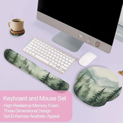 Misty Forest Mountain Mouse Pad with Wrist Rest Set, 3-in-1 Wrist Support Mousepad Set, Gaming Mat Pad with Anti-Skid Base,Ergonomic Memory Foam Mouse Pad Set for Women, Office, Typing, Gaming in Saudi Arabia