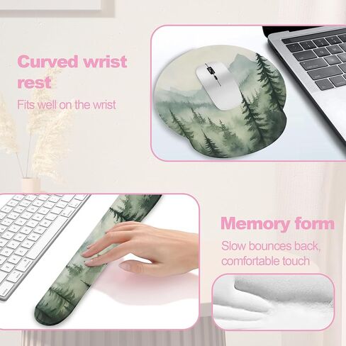 Misty Forest Mountain Mouse Pad with Wrist Rest Set, 3-in-1 Wrist Support Mousepad Set, Gaming Mat Pad with Anti-Skid Base,Ergonomic Memory Foam Mouse Pad Set for Women, Office, Typing, Gaming in Saudi Arabia