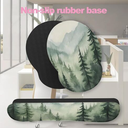 Misty Forest Mountain Mouse Pad with Wrist Rest Set, 3-in-1 Wrist Support Mousepad Set, Gaming Mat Pad with Anti-Skid Base,Ergonomic Memory Foam Mouse Pad Set for Women, Office, Typing, Gaming in Saudi Arabia