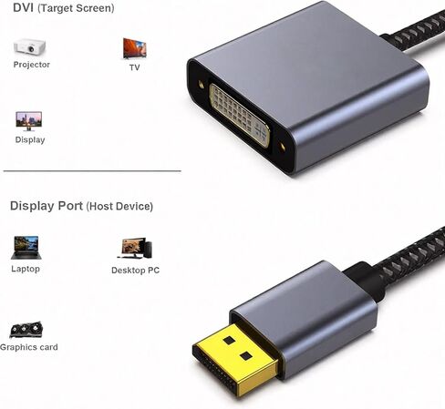 DisplayPort to DVI, DisplayPort to DVI-D Single Link Adapter Male to Female Adapter Compatible for Lenovo Dell HP and More [Gold-Plated Connectors, Aluminium Shell&Nylon Cable] in Saudi Arabia