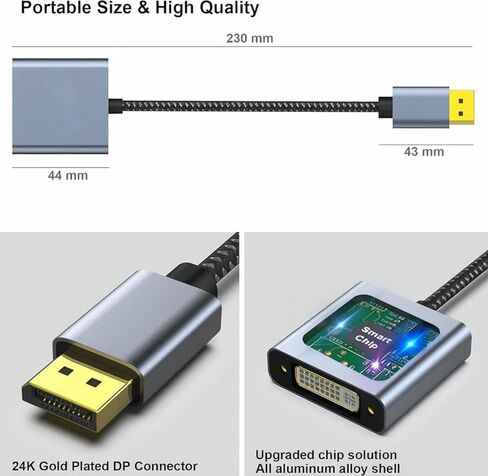 DisplayPort to DVI, DisplayPort to DVI-D Single Link Adapter Male to Female Adapter Compatible for Lenovo Dell HP and More [Gold-Plated Connectors, Aluminium Shell&Nylon Cable] in Saudi Arabia