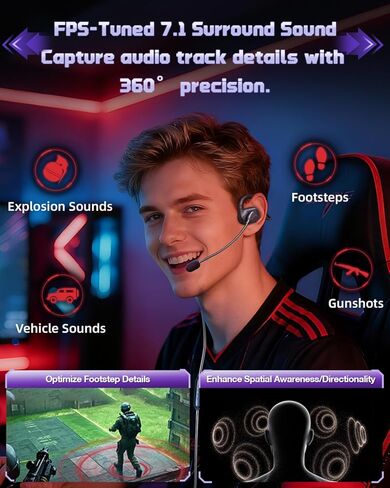 Pro Gaming USB Headset with Air Conduction Technology, Detachable Microphone, Black, LED Backlight, for PC Gaming in Saudi Arabia
