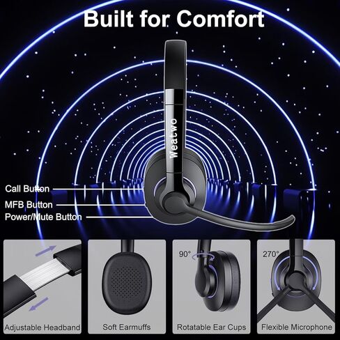 Wireless Bluetooth Headset with CVC8.0 Noise-Cancelling Microphone & Mic Mute, Class 1 V5.1 Bluetooth Headphone for Work/Ms Teams/Zoom/Home/Office/Computer/Cell Phone/Laptop, 30H+ Talking Time in Saudi Arabia