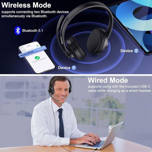 Wireless Bluetooth Headset with CVC8.0 Noise-Cancelling Microphone & Mic Mute, Class 1 V5.1 Bluetooth Headphone for Work/Ms Teams/Zoom/Home/Office/Computer/Cell Phone/Laptop, 30H+ Talking Time in Saudi Arabia