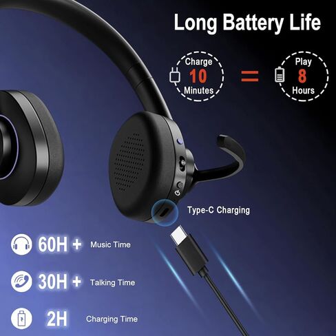 Wireless Bluetooth Headset with CVC8.0 Noise-Cancelling Microphone & Mic Mute, Class 1 V5.1 Bluetooth Headphone for Work/Ms Teams/Zoom/Home/Office/Computer/Cell Phone/Laptop, 30H+ Talking Time in Saudi Arabia