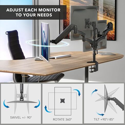 Mount-It! Triple Monitor Mount Desk Stand, 3 Monitor Desk Mount with Gas Spring Arms, Fits 13–32 Inch Screens up to 17.6 lbs per Arm, VESA 75x75 & 100x100, Clamp-On Installation, Black in Saudi Arabia