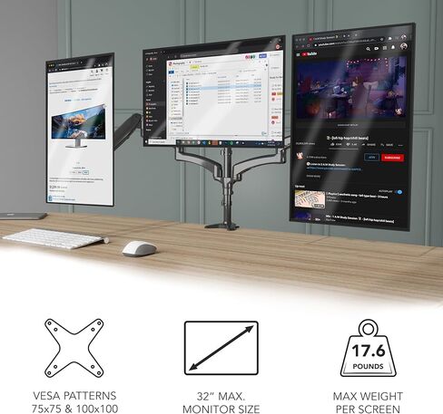Mount-It! Triple Monitor Mount Desk Stand, 3 Monitor Desk Mount with Gas Spring Arms, Fits 13–32 Inch Screens up to 17.6 lbs per Arm, VESA 75x75 & 100x100, Clamp-On Installation, Black in Saudi Arabia
