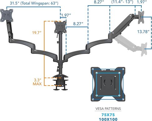 Mount-It! Triple Monitor Mount Desk Stand, 3 Monitor Desk Mount with Gas Spring Arms, Fits 13–32 Inch Screens up to 17.6 lbs per Arm, VESA 75x75 & 100x100, Clamp-On Installation, Black in Saudi Arabia