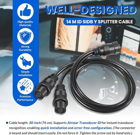 كابل مقسم SIDB Y بطول 14 متر 720111-1 لمكتشفات الأسماك Humminbird SOLIX/APEX/XPLORE، يربط التصوير الجانبي ومحولات الطاقة ثنائية الأبعاد، ويدعم معرف محول Airmar، كابل مقسم Y من الدرجة البحرية 30 بوصة in Kuwait