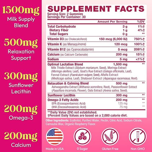 Lactation Supplement, Postpartum Lactation Support Gummies for Breastfeeding, with Milk Thistle and Postnatal Vitamins As Breast Milk Supply Booster, Recovery, Hair Growth, 60 Count Sugar Free & Vegan in Saudi Arabia