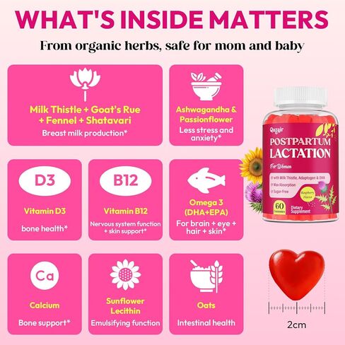Lactation Supplement, Postpartum Lactation Support Gummies for Breastfeeding, with Milk Thistle and Postnatal Vitamins As Breast Milk Supply Booster, Recovery, Hair Growth, 60 Count Sugar Free & Vegan in Saudi Arabia