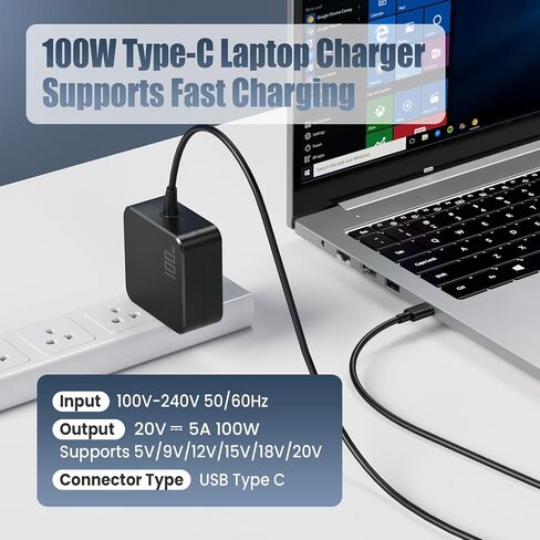 100W USB-C PD Laptop Charger - Fast USB-C Power Adapter Compatible with MacBook Pro/Air, Lenovo ThinkPad/Yoga, HP Spectre/Envy, Dell XPS/Latitude, ASUS/Acer — Compact Size, Not MagSafe in Saudi Arabia