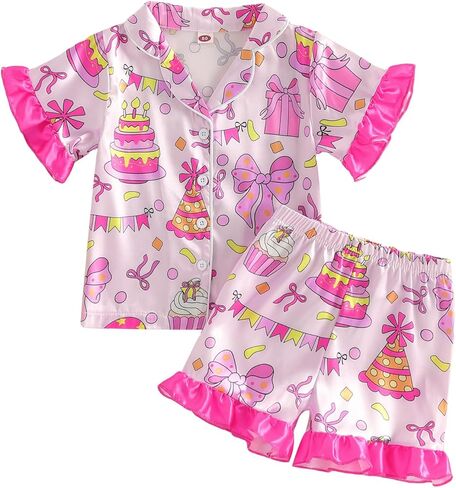 Kuriozud Toddler Kids Little Girls Summer Satin Pajamas Satin Silky PJs تعيين زر قصير لأسفل ملابس النوم الليلية in Kuwait