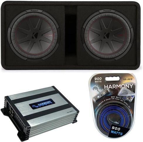 Harmony Audio Kicker 48DCWR122 Dual 12" CompR Series Sub 1000W RMS Loaded Subwoofer Box Bundle with Harmony HA-A400.1 Amplifier & Amp Kit in Saudi Arabia