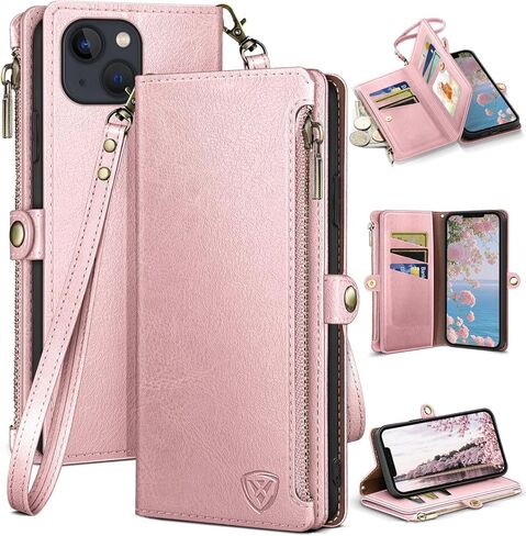 XcaseBar compatible with iPhone 14 6.1" Wallet case with Zipper Credit Card Holder【RFID Blocking】,Flip Folio Book PU Leather Phone case Shockproof Cover Men Women for Apple 14 case Wine Red in Saudi Arabia