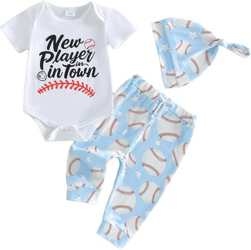 Newborn Baby Boy Baseball Outfit Short Sleeve New Player In Town Romper Pants Hat 3Pcs Cute Infant Spring Clothes in Saudi Arabia
