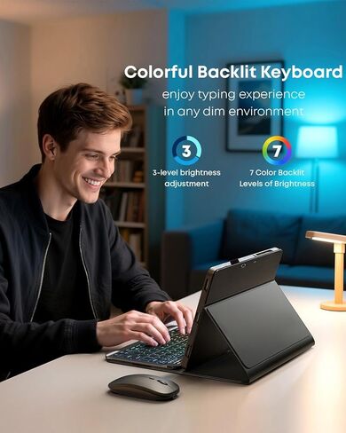 حافظة لجهاز Microsoft Surface Pro 11/10/9 مقاس 13 بوصة 2024/2022 مع لوحة مفاتيح - حافظة لوحة مفاتيح بإضاءة خلفية بألوان قوس قزح - حامل أقلام مدمج مع ماوس - أسود in Kuwait