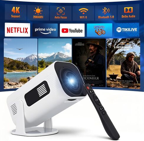 جهاز عرض صغير مزود بواي فاي وبلوتوث: يدعم جهاز عرض الأفلام المحمول بدقة 4K 1080P والتطبيقات المدمجة ومكبر الصوت - تصحيح الانحراف التلقائي - جهاز عرض فيديو قابل للدوران 270 درجة للمسرح المنزلي في غرفة النوم in Kuwait