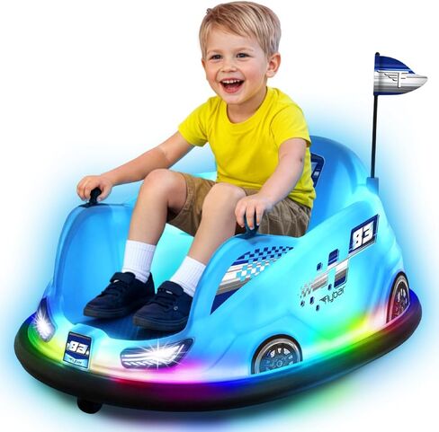 Flybar 12V Glow Bumper Car Ride On Toy - Indoor/Outdoor Toys, Toddler Toys, Bumper Cars, Kids Electric Car, w/ 360° Spins, Multi-Color LED Lights, Max Weight of 100lbs, Age 4-9yrs, Blue in Saudi Arabia