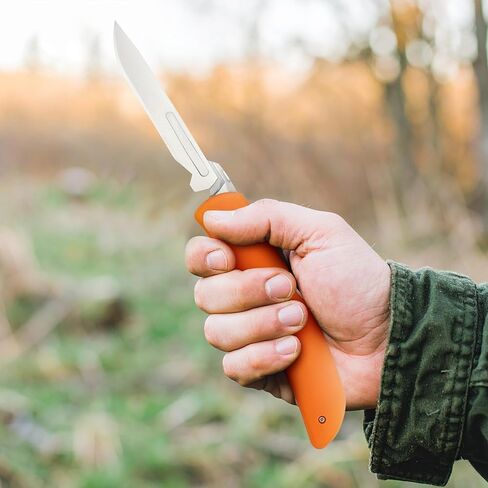 سكين صيد Wiebe Tala قابل للطي مع غمد و3 شفرات جراحية إضافية مقاس 4 بوصات - نظام شفرات حادة شريرة قابلة للاستبدال، مقبض برتقالي عالي الرؤية غير قابل للانزلاق، قفل - EDC، غزال، لعبة كبيرة، سكين صيد in Kuwait