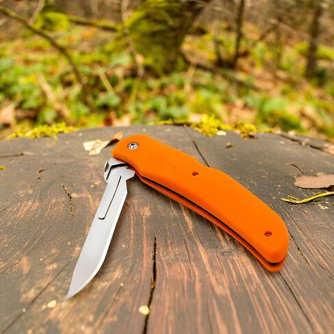 سكين صيد Wiebe Tala قابل للطي مع غمد و3 شفرات جراحية إضافية مقاس 4 بوصات - نظام شفرات حادة شريرة قابلة للاستبدال، مقبض برتقالي عالي الرؤية غير قابل للانزلاق، قفل - EDC، غزال، لعبة كبيرة، سكين صيد in Kuwait