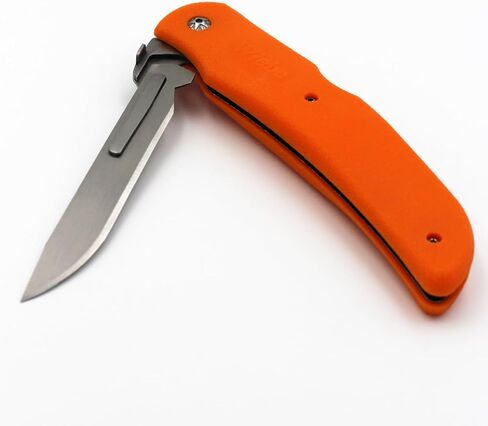 سكين صيد Wiebe Tala قابل للطي مع غمد و3 شفرات جراحية إضافية مقاس 4 بوصات - نظام شفرات حادة شريرة قابلة للاستبدال، مقبض برتقالي عالي الرؤية غير قابل للانزلاق، قفل - EDC، غزال، لعبة كبيرة، سكين صيد in Kuwait