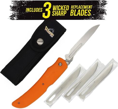 سكين صيد Wiebe Tala قابل للطي مع غمد و3 شفرات جراحية إضافية مقاس 4 بوصات - نظام شفرات حادة شريرة قابلة للاستبدال، مقبض برتقالي عالي الرؤية غير قابل للانزلاق، قفل - EDC، غزال، لعبة كبيرة، سكين صيد in Kuwait
