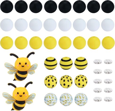 45 Pcs 15mm Silicone Beads Kit for Keychain Making 3D Bee Beads Round Focal Beads for Pens Bracelets Necklace DIY Crafts Jewelry Making(Bees) in Saudi Arabia