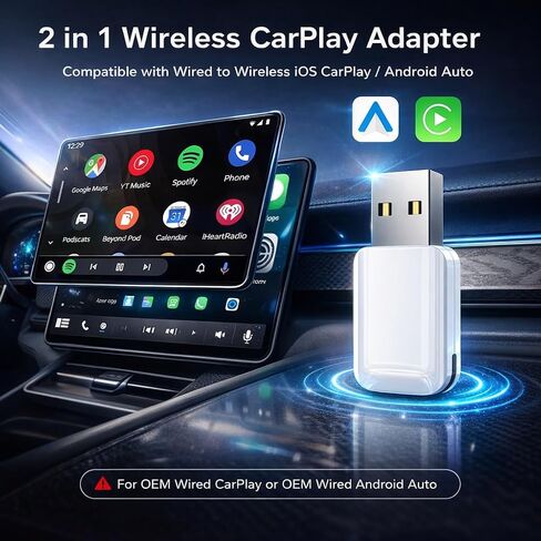 محول CarPlay لاسلكي ذكي جديد لهاتف Apple iPhone - دونجل USB نحيف وصغير للغاية، يحول CarPlay السلكي إلى اتصال لاسلكي مستقر، متوافق مع مركبات CarPlay السلكية OEM ونظام iOS 10+ (أبيض) in Kuwait
