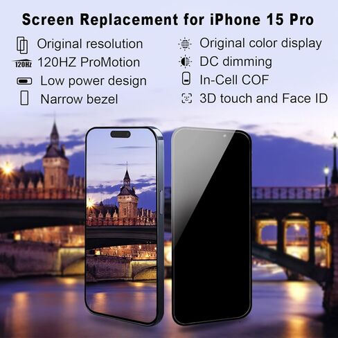 لشاشة iPhone 15 Pro LCD بديلة 6.1 بوصة FHD COF LCD عرض 120 هرتز تعزيز 3D Touch IPS محول الأرقام مجموعة كاملة مع مجموعات أدوات الإصلاح، استبدال الشاشة (لـ A2848، A3101، A3102، A3104) in Saudi Arabia