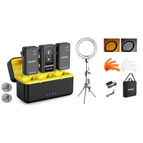 NEEWER CM28 PRO Wireless Lavalier Microphone System with Charging Case + RL-18 18" Ring Light with Tripod Stand, CM28PRO with Noise Canceling 4GB Storage Compatible with iPhone iPad Android Camera PC in Saudi Arabia