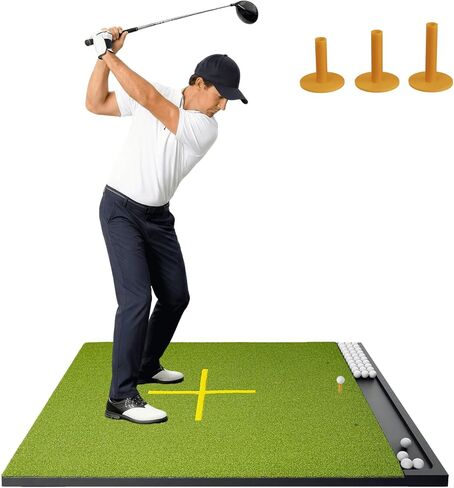 Golf Hitting Mat with Ball Tray, Stance Guide Cross-Line, 5x4ft & 6x4ft, 26mm & 31mm Thickness Green Turf Practice Mats for Indoor Outdoor, for Men, Dad, Husband & Golf Lovers in Saudi Arabia