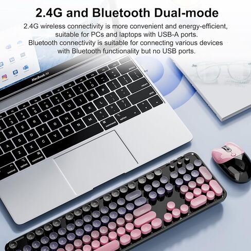 2.4G Full Size Wireless Keyboard and Mouse Combo, Bluetooth/2.4G Dual Mode, Typewriter Style Round Keycap, Cute Gradient Colors, Compatible with PC/Notebook/Tablet/Smartphone (Black Pink) in Saudi Arabia