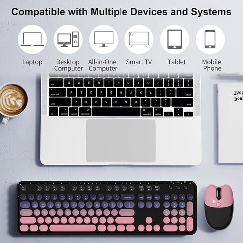 2.4G Full Size Wireless Keyboard and Mouse Combo, Bluetooth/2.4G Dual Mode, Typewriter Style Round Keycap, Cute Gradient Colors, Compatible with PC/Notebook/Tablet/Smartphone (Black Pink) in Saudi Arabia