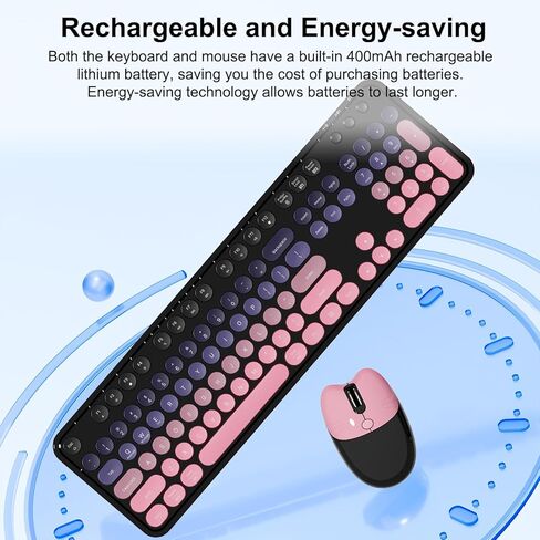 2.4G Full Size Wireless Keyboard and Mouse Combo, Bluetooth/2.4G Dual Mode, Typewriter Style Round Keycap, Cute Gradient Colors, Compatible with PC/Notebook/Tablet/Smartphone (Black Pink) in Saudi Arabia