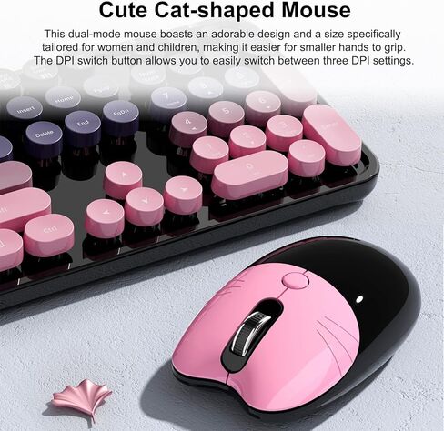 2.4G Full Size Wireless Keyboard and Mouse Combo, Bluetooth/2.4G Dual Mode, Typewriter Style Round Keycap, Cute Gradient Colors, Compatible with PC/Notebook/Tablet/Smartphone (Black Pink) in Saudi Arabia
