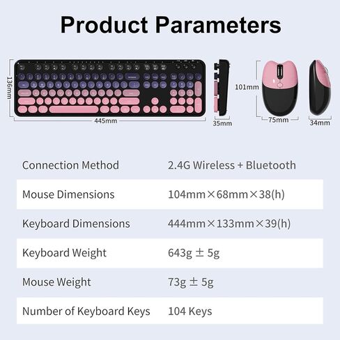 2.4G Full Size Wireless Keyboard and Mouse Combo, Bluetooth/2.4G Dual Mode, Typewriter Style Round Keycap, Cute Gradient Colors, Compatible with PC/Notebook/Tablet/Smartphone (Black Pink) in Saudi Arabia