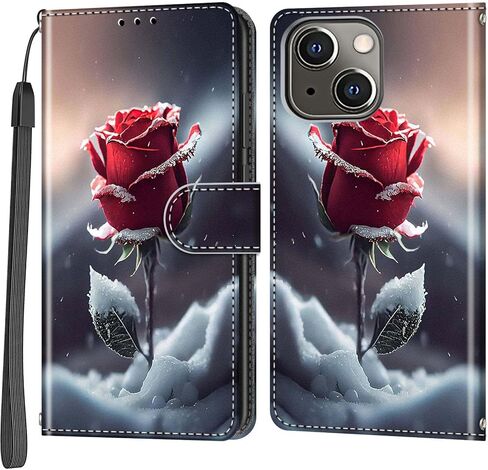 محفظة لهاتف iPhone 14 وحافظة iPhone 13، [مسند] حامل 3 بطاقات [غلاف داخلي من مادة TPU مقاوم للصدمات]، غطاء قلاب واقٍ مغناطيسي من جلد البولي يوريثان مقاس 6.1 بوصة، زهرة سوداء in Kuwait