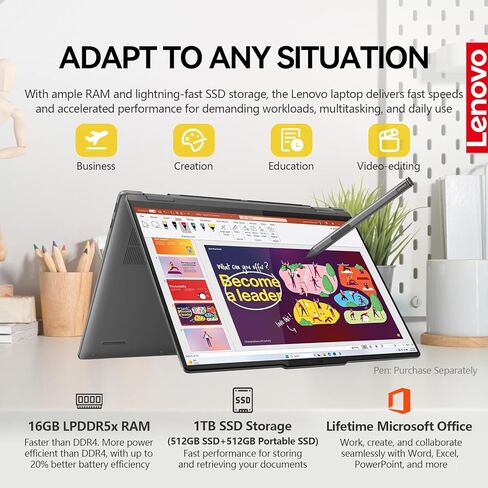 Lenovo 2025 Yoga 7i 2 في 1 كمبيوتر محمول يعمل باللمس|16 بوصة FHD+ 360 شاشة لمس قابلة للطي وقابلة للتحويل|Intel Core Ultra 7، 16 جيجابايت DDR5 RAM 512 جيجابايت SSD + 512 جيجابايت SSD محمول|Windows 11 Pro Lifetime Office|إضاءة خلفية|FP in Kuwait