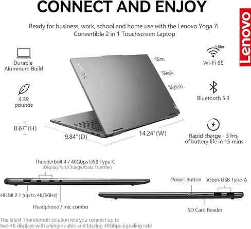 Lenovo 2025 Yoga 7i 2 في 1 كمبيوتر محمول يعمل باللمس|16 بوصة FHD+ 360 شاشة لمس قابلة للطي وقابلة للتحويل|Intel Core Ultra 7، 16 جيجابايت DDR5 RAM 512 جيجابايت SSD + 512 جيجابايت SSD محمول|Windows 11 Pro Lifetime Office|إضاءة خلفية|FP in Kuwait