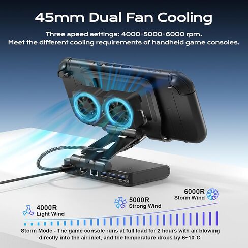 3 Speed Dual Magnetic Cooling Fans Steam Deck Docking Station for ROG Ally X/Legion Go (S)/MSI Claw, Switch Dock Station with 4K@144Hz, USB 3.2x3, PD100W, Ethernet Fit and HDMI for Handheld Consoles in Kuwait