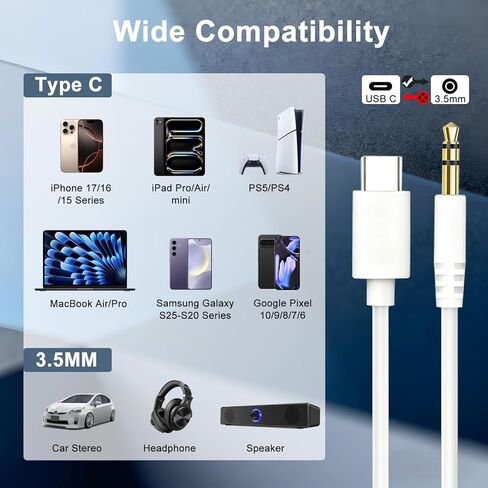 USB C to Aux Cord, 3.5mm to Type C Male Headphone Audio Cable Compatible with iPhone 17 16 15 Pro Max/Galaxy S25 S24 S23 S22 Ultra/Pixel 10/ iPad Pro Air/MacBook for Car Stereo Headset Speaker in Saudi Arabia