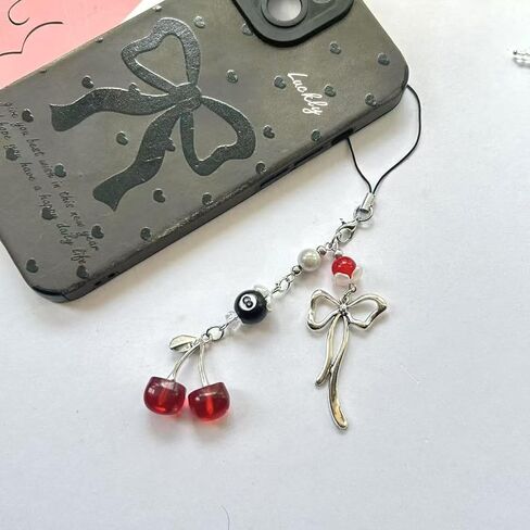 Cherry Phone Charms Y2k Aesthetic Beaded Phone Chain Cute Bowknot 8 Ball Bag Charms Cellphone Straps for Keys Airpods Camera Decor Fashion Cellphone Jewelry Accessories in Saudi Arabia