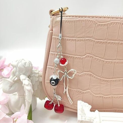 Cherry Phone Charms Y2k Aesthetic Beaded Phone Chain Cute Bowknot 8 Ball Bag Charms Cellphone Straps for Keys Airpods Camera Decor Fashion Cellphone Jewelry Accessories in Saudi Arabia