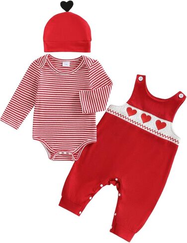 BeQeuewll Newborn Baby Boy Valentines Outfit Striped Romper Heart Pants Overalls Infant Boys First Valentines Day Outfit in Saudi Arabia
