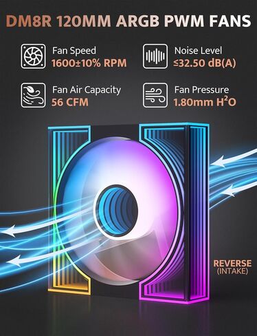 darkFlash DM8 3-Pack 120mm PC Case Fan, Infinity Mirror Case Fans, PWM ARGB Sync, 1600RPM High Airflow 56CFM, Low Noise 32.5dBA, Computer Case Cooler Fan (Black, Reverse) in Saudi Arabia